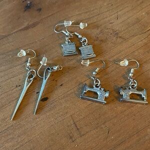 Silver Sewing Themed Earrings Set